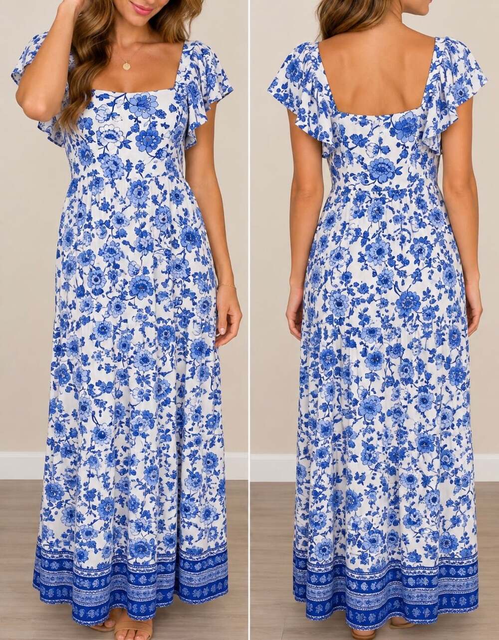 Chenault Pink & Violet Blue Floral Print Ruffle Sleeve Maxi Dress Size L